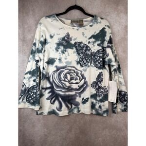 NWT VTG Jane Ashley Top Women XL Grey Tie-Dye Butterfly Rose Sequin Long Sleeve